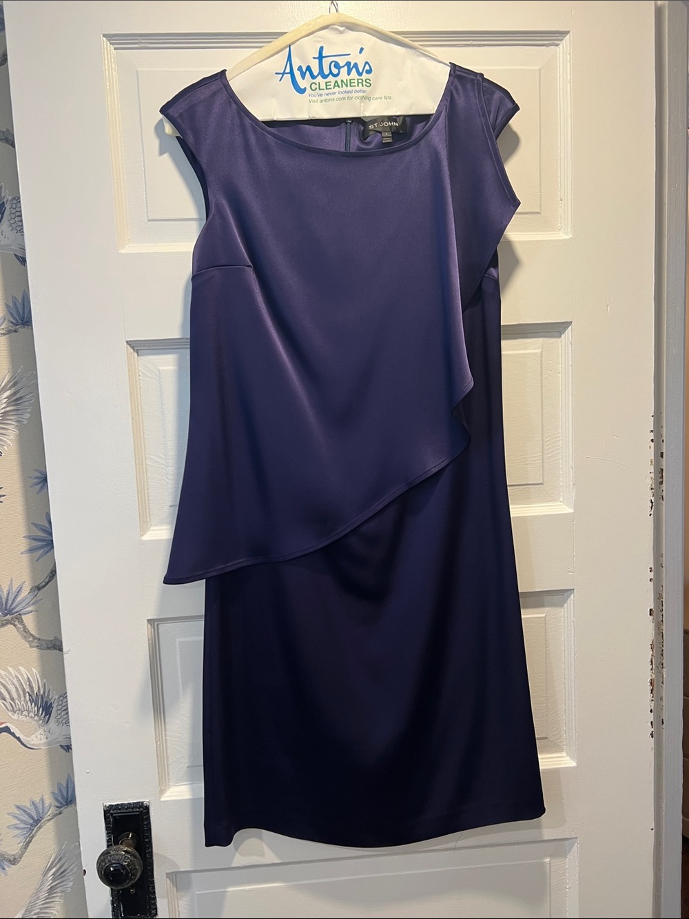 St. John Deep Purple Satin-Overlay Cap Sleeve Midi Dress